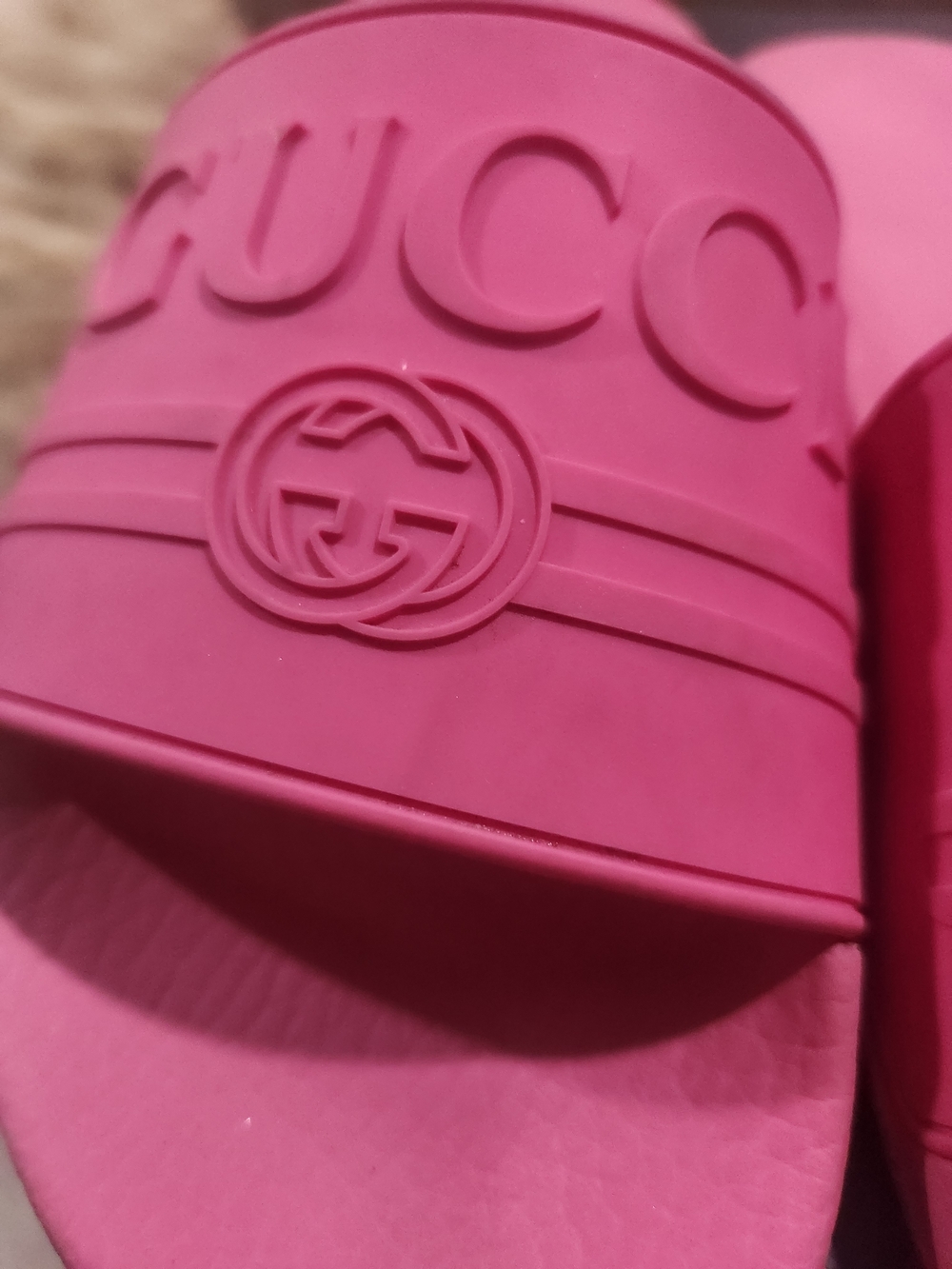 Gucci Hot Pink Rubber Logo Slide Sandals
